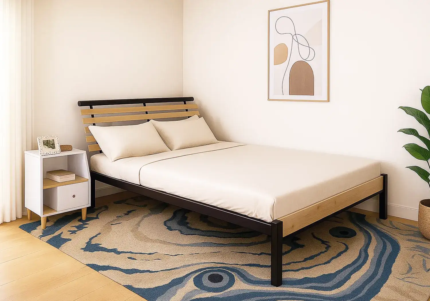 Rubberwood Double Bed (Natural Brown)