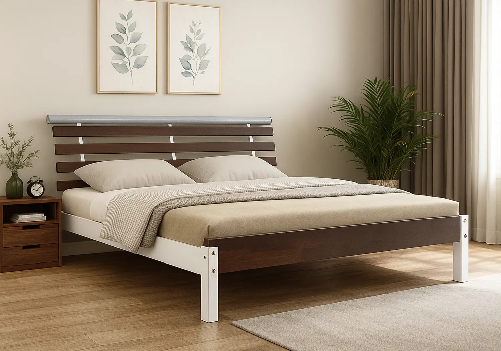 Rubberwood Double Bed (White & Brown)