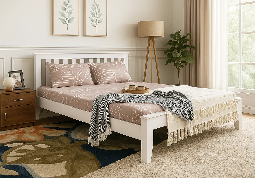 Solid Wood Double Bed (White)