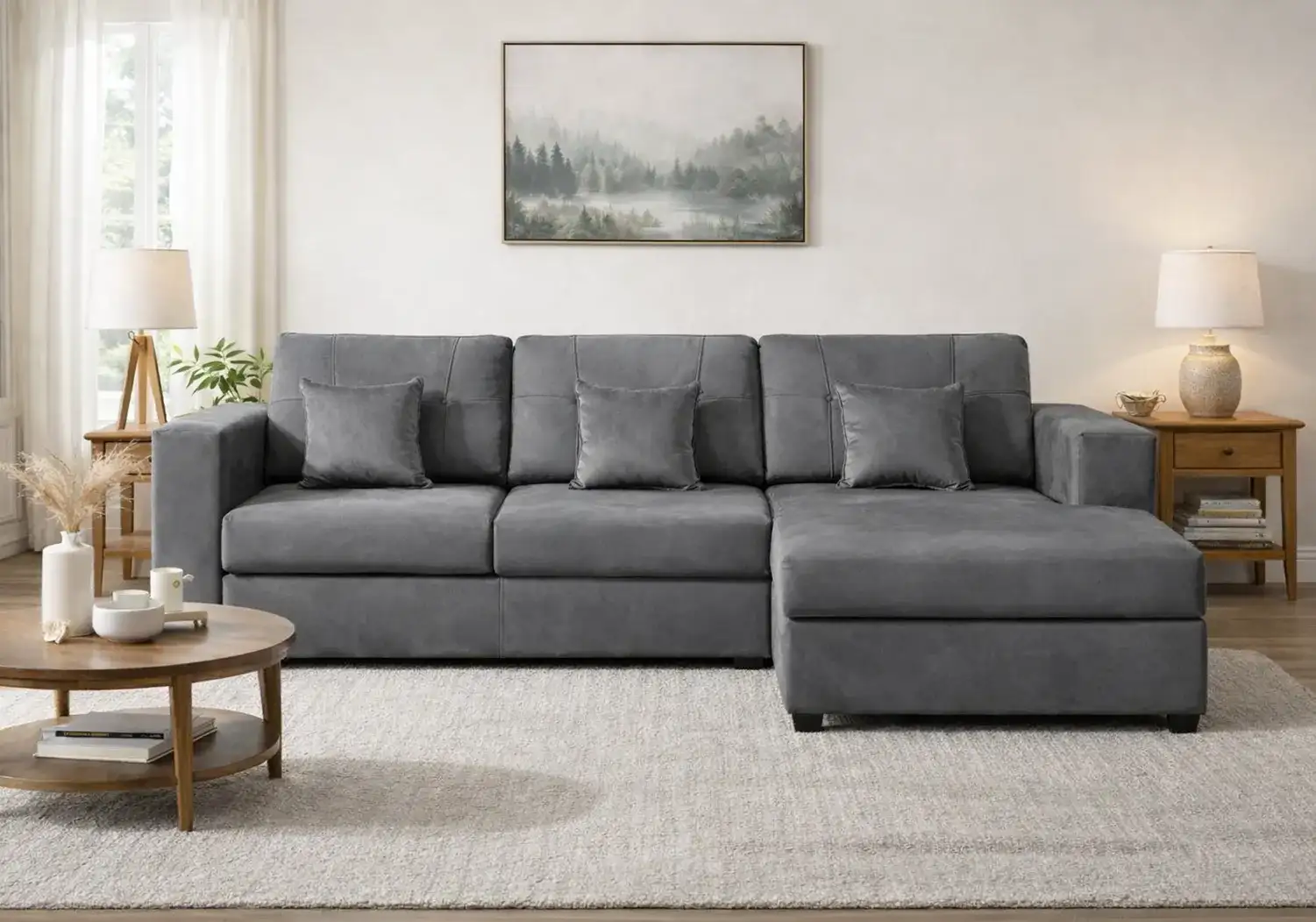 Holmes L-Shape Sofa Button Tufted (Grey Velvet)